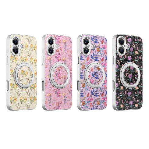 iPhone 18 Series Floral Print Magnetic Stand Case – 360° Rotation, PU Leather, MagSafe