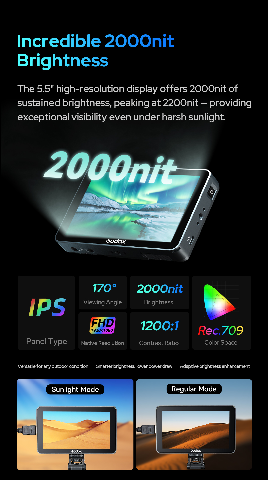 GODOX GM6S Pro 5.5 Inch 4K Ultra Bright Camera Monitor 2000 Nit Touchscreen HDMI LUT Monitor